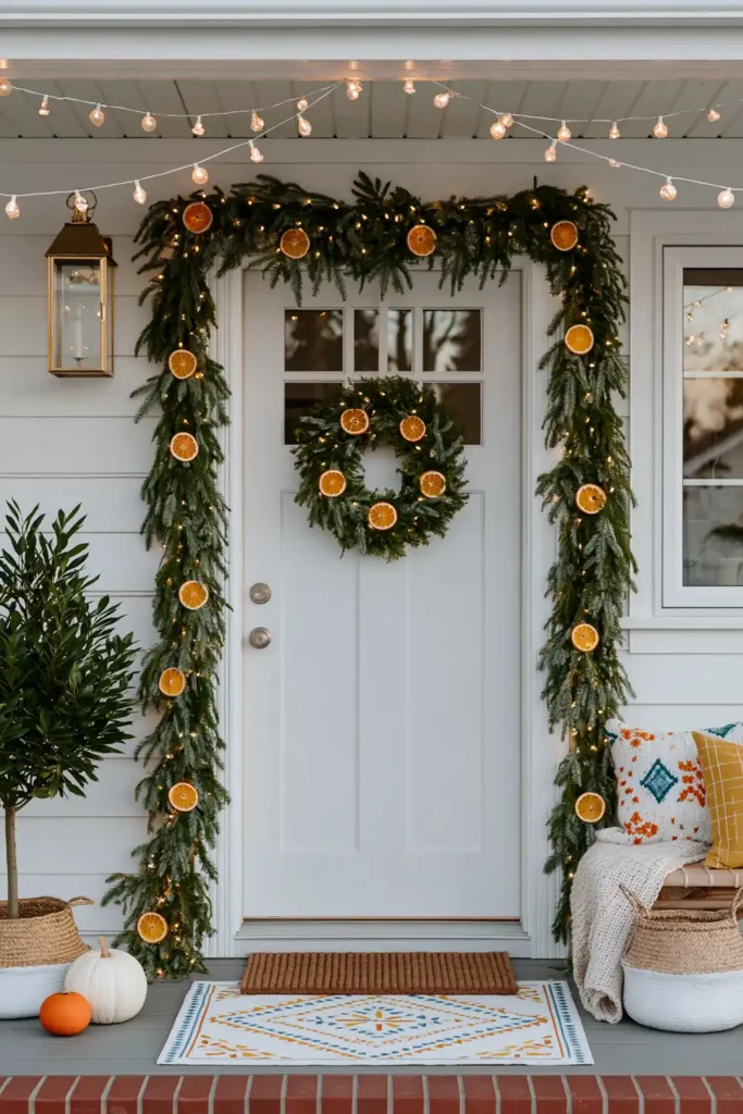 Holiday porch decor with evergreen garland, dried orange slices, and warm fairy lights around the doorway.