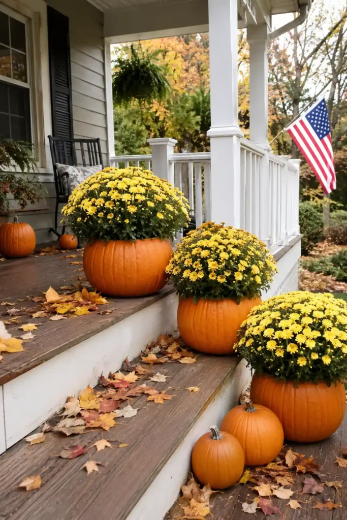 Rustic Fall Planters for the Front Porch That Bring Warm Autumn Charm 22 Hollowed pumpkin planters filled with yellow mums on a fall front porch with pumpkins, railing, and fallen leaves.