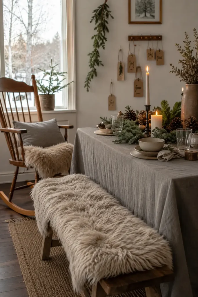DIY Natural Winter Holiday Decorations for a Warm and Simple Home 5 Cozy hygge winter room with wooden rocking chair, faux fur bench, candles, and greenery