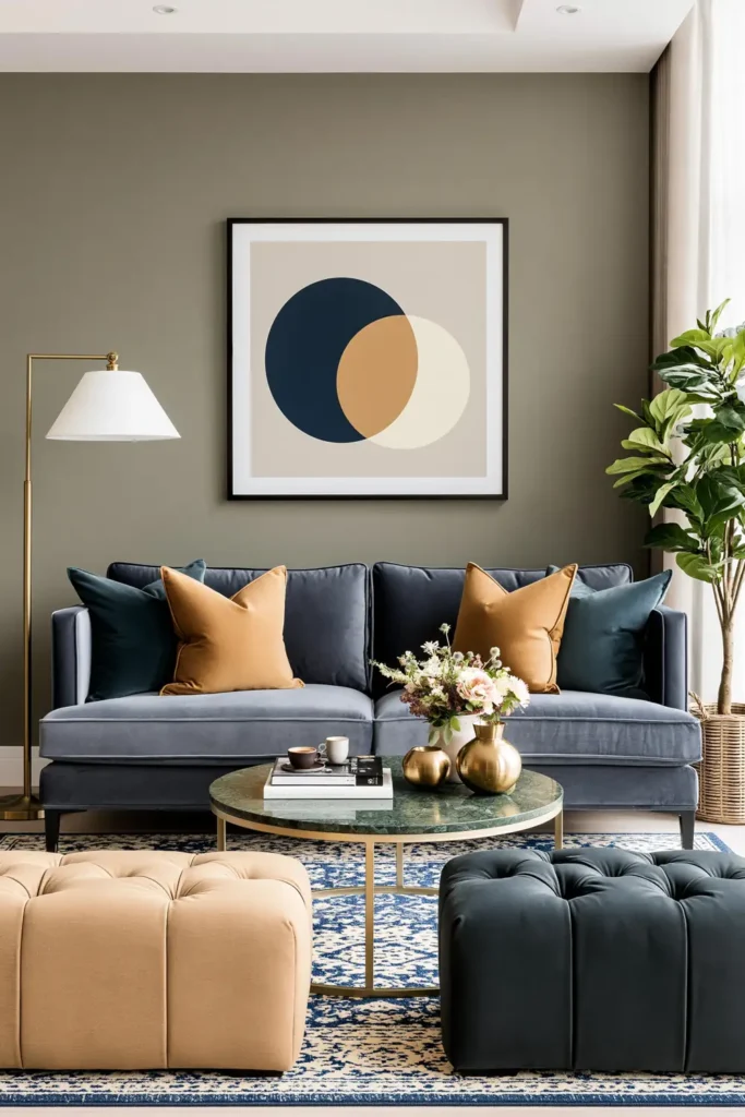 20 Comfortable Living Room Ideas for Small Spaces That Feel Warm and Open 9 Bold cozy living room with an emerald wall, blue velvet sofa, mustard pillows, green marble table, and jewel-tone accents.
