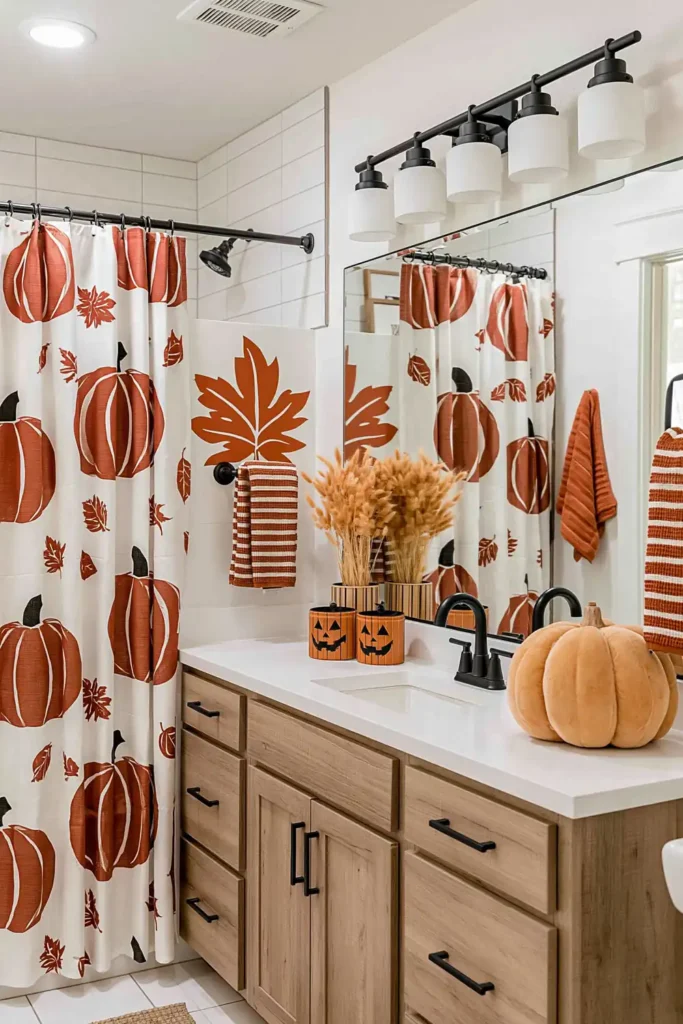 18 Cozy Fall Bathroom Decor Ideas for a Warm Seasonal Refresh 16 Kid-friendly fall bathroom with a pumpkin shower curtain, orange leaf decal, striped towels, jack-o’-lantern containers, and a soft pumpkin.