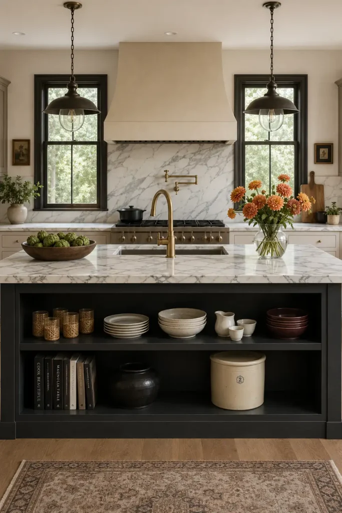 14 Open Kitchen Shelving Ideas for Practical, Stylish Storage 14 Dark kitchen island with open shelves, stacked dishes, woven tumblers, and a white marble countertop with a brass faucet.