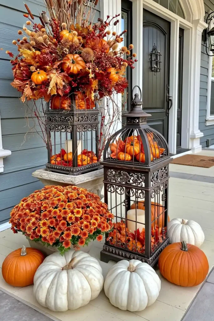 Rustic Fall Planters for the Front Porch That Bring Warm Autumn Charm 38 Rustic lanterns filled with fall leaves and mini pumpkins beside mums and pumpkins on a front porch.