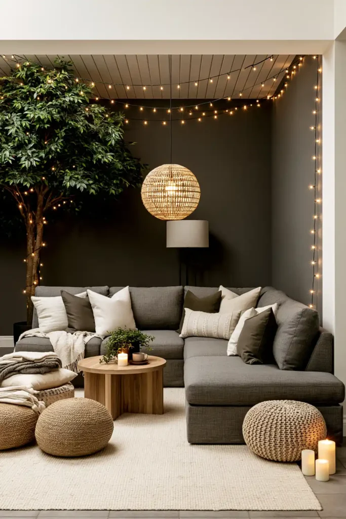 20 Comfortable Living Room Ideas for Small Spaces That Feel Warm and Open 18 Cozy small living room with layered ambient lighting, string lights, a woven pendant, floor lamp, candles, and a gray sectional.