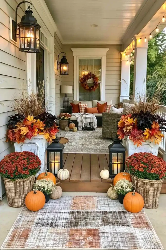 Rustic Fall Planters for the Front Porch That Bring Warm Autumn Charm 15 Layered fall porch planter display with pumpkins, black lanterns, mums, dark foliage, and warm porch lighting.