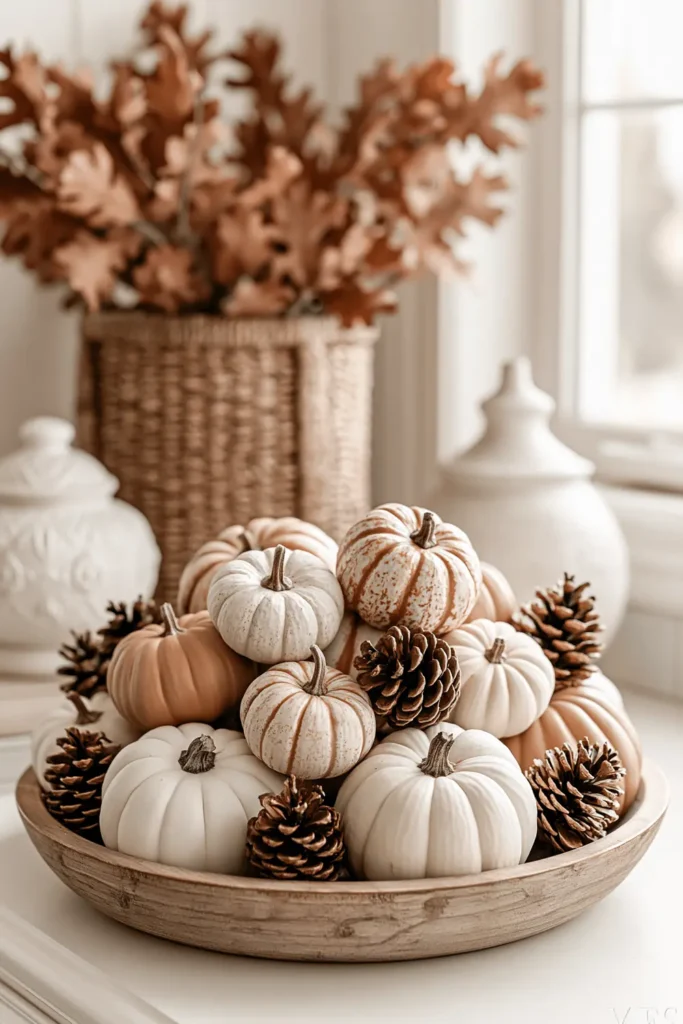 18 Neutral Fall Decor Ideas for a Warm and Cozy Home 4 Wooden bowl filled with white, cream, tan, and striped pumpkins, pinecones, and dried oak leaves.