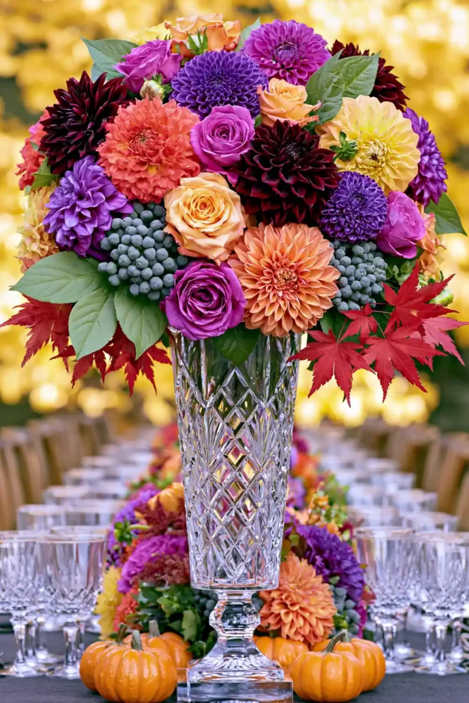 Bold Purple Fall Centerpiece Ideas for a Rich Seasonal Table 2 Tall purple fall floral centerpiece in a cut-glass vase with burgundy, coral, peach, and pink flowers, green foliage, maple leaves, and small orange pumpkins.