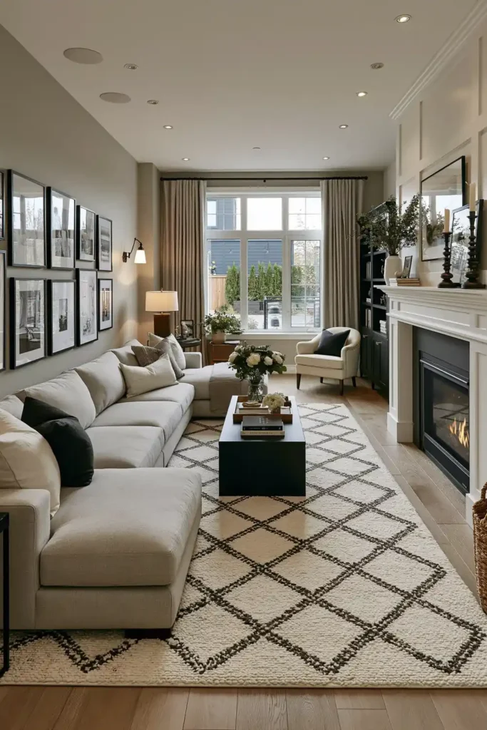 20 Comfortable Living Room Ideas for Small Spaces That Feel Warm and Open 10 Small living room seating area defined by a large cream patterned rug beneath a gray sectional and dark coffee table.