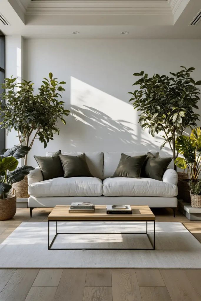 20 Comfortable Living Room Ideas for Small Spaces That Feel Warm and Open 6 Small living room with a raised pale sofa, slim-legged coffee table, green pillows, and visible floor space.