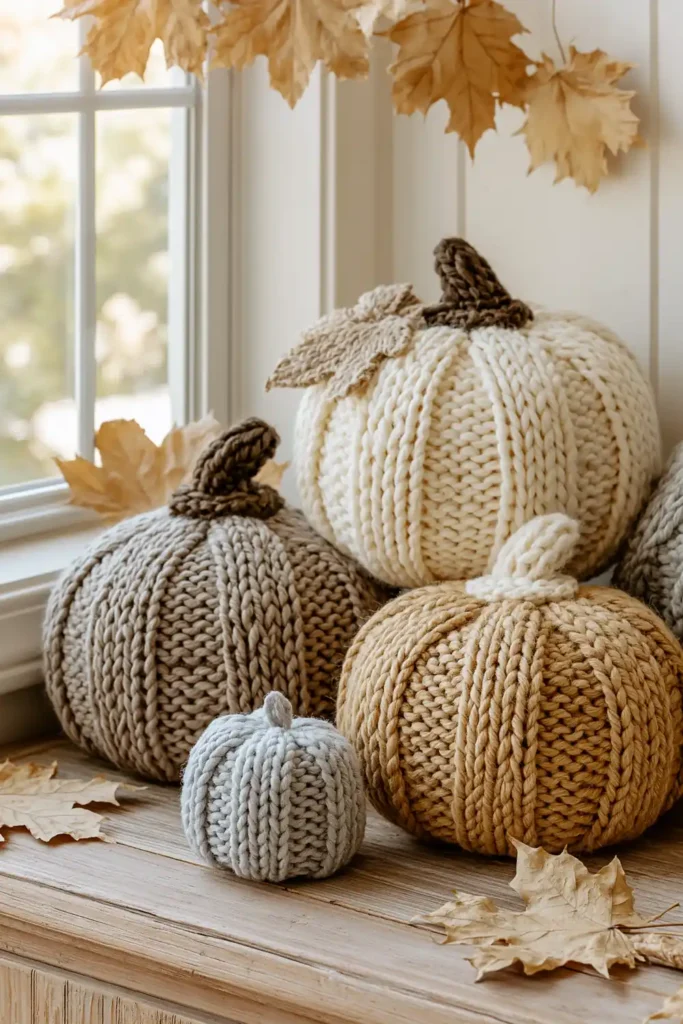 18 Neutral Fall Decor Ideas for a Warm and Cozy Home 19 Small neutral knitted pumpkins in brown, cream, taupe, and gray arranged with dried maple leaves on rustic wood.