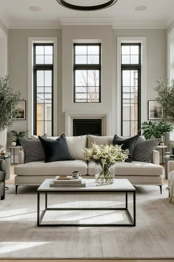 20 Comfortable Living Room Ideas for Small Spaces That Feel Warm and Open 20 Bright small living room with a low-profile white coffee table, open black frame, cream sofa, pale rug, and minimal decor.