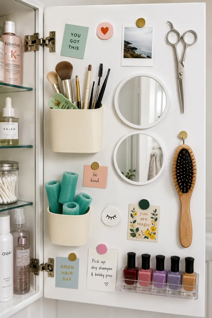 18 Small Bathroom Storage Ideas for a More Organized Space 10 Magnetic cabinet-door storage holding clips, brushes, mirrors, scissors, and small bathroom essentials.