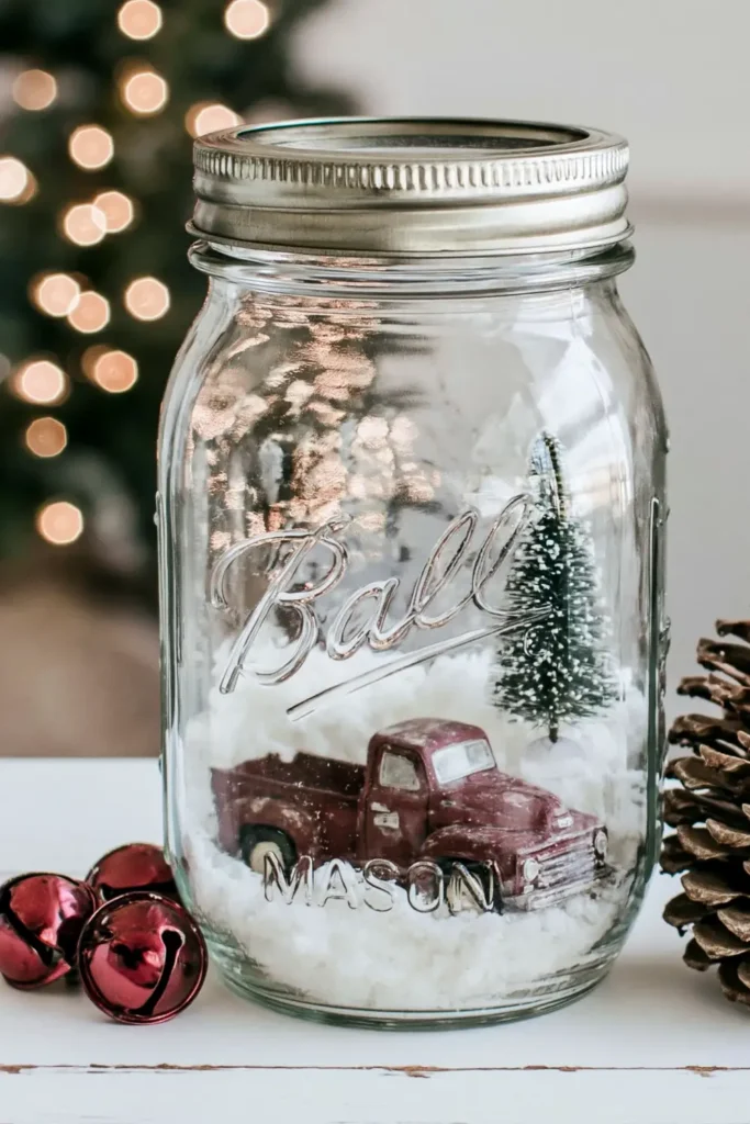 DIY Natural Winter Holiday Decorations for a Warm and Simple Home 4 Mason jar snow scene with tiny red truck, bottle-brush tree, jingle bells, and pinecone