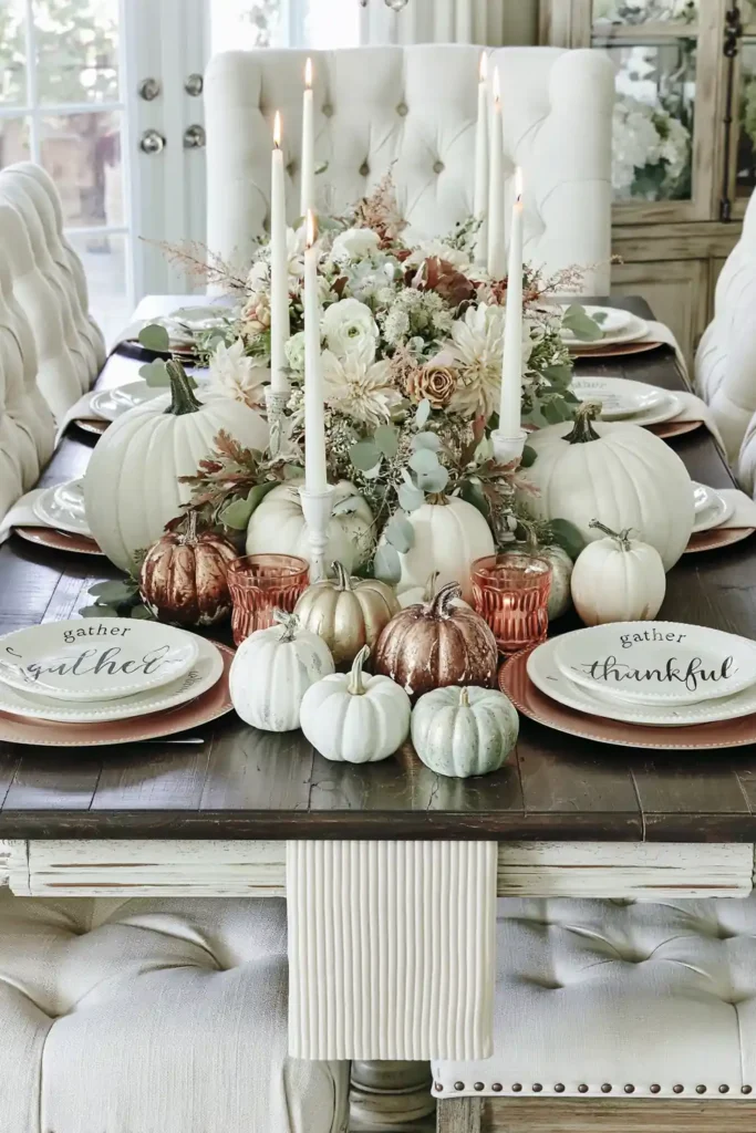 31 Fall Table Decor Ideas for Entertaining in a Warm, Seasonal Style 7 Fall table with white and metallic pumpkins, word plates, rose-gold chargers, pale flowers, and tall taper candles.