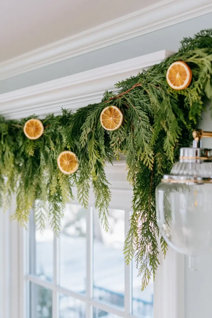 Minimal dried orange garland trim with evergreen greenery above a white kitchen window.
