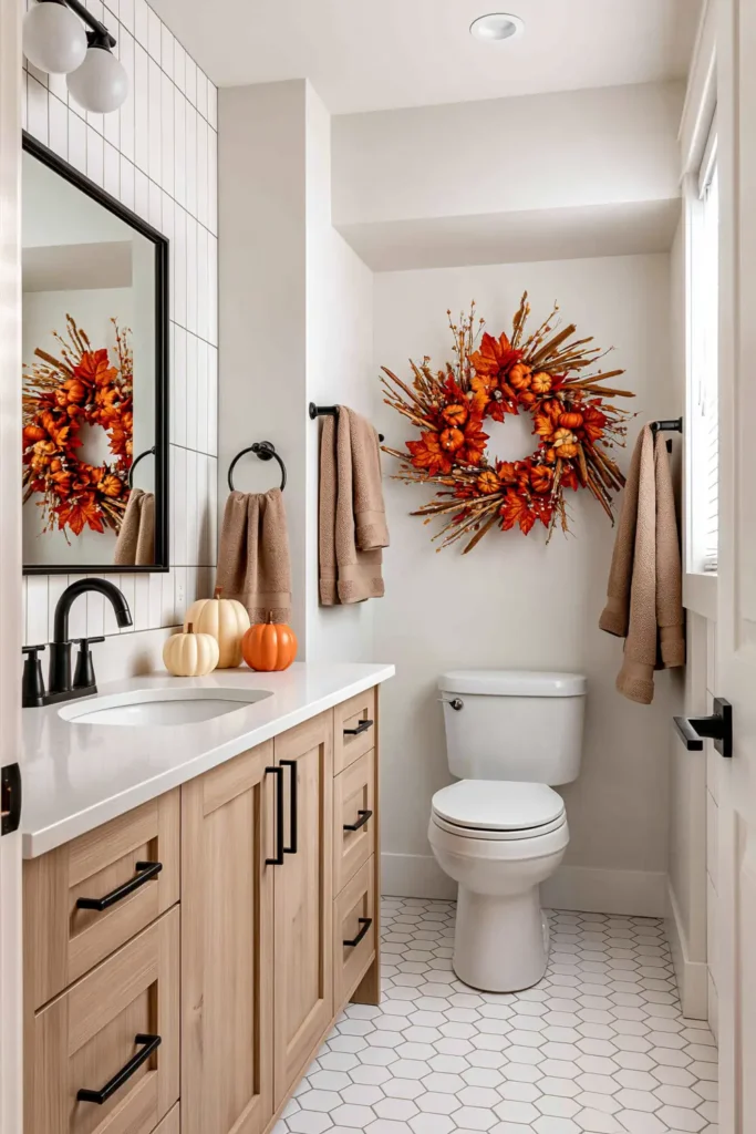 18 Cozy Fall Bathroom Decor Ideas for a Warm Seasonal Refresh 18 Minimalist fall bathroom with neutral taupe towels, a pumpkin-and-leaf wreath, light wood vanity, black fixtures, and white hexagonal tile.