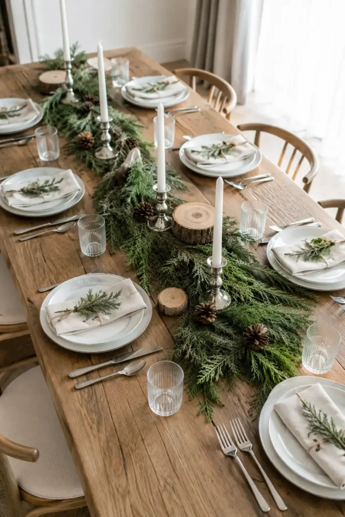 DIY Natural Winter Holiday Decorations for a Warm and Simple Home 3 Wood dining table with pine runner, candles, plates, and natural winter table decor