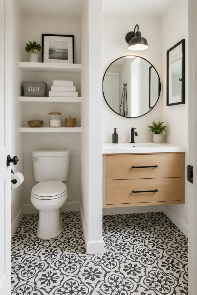 18 Small Bathroom Storage Ideas for a More Organized Space 6 Compact bathroom with floating shelves, a light-wood vanity, folded towels, jars, and mixed small bathroom storage.