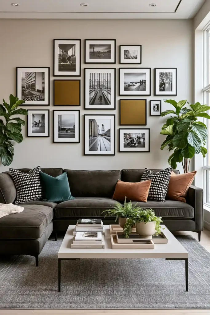 20 Comfortable Living Room Ideas for Small Spaces That Feel Warm and Open 11 Small living room with an asymmetrical mixed-frame gallery wall above a dark gray sectional and colorful accent pillows.