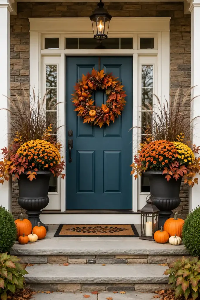 Rustic Fall Planters for the Front Porch That Bring Warm Autumn Charm 5 Front door fall display with mixed mum planters, tall grasses, pumpkins, lantern, and a teal-blue door.