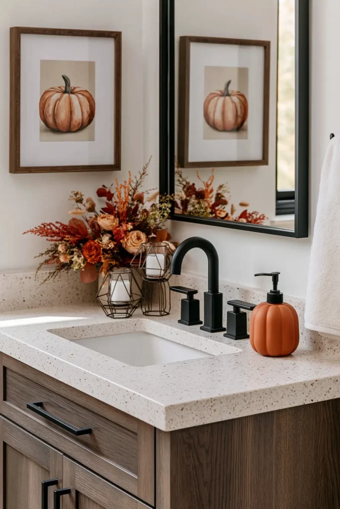 18 Cozy Fall Bathroom Decor Ideas for a Warm Seasonal Refresh 17 Modern fall bathroom decor with a framed pumpkin print, geometric wire candle holders, orange florals, and a pumpkin-shaped pump bottle.