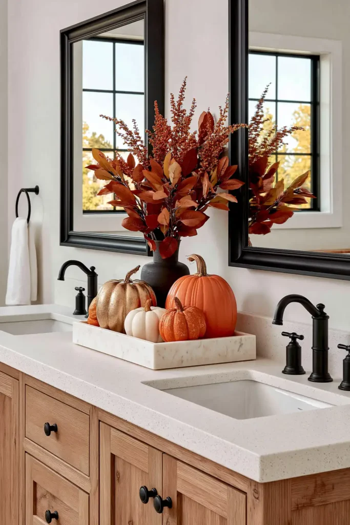 18 Cozy Fall Bathroom Decor Ideas for a Warm Seasonal Refresh 12 Modern fall vanity decor with a marble tray, metallic gold, white, and orange pumpkins, rust leaves, black faucets, and wood cabinetry.