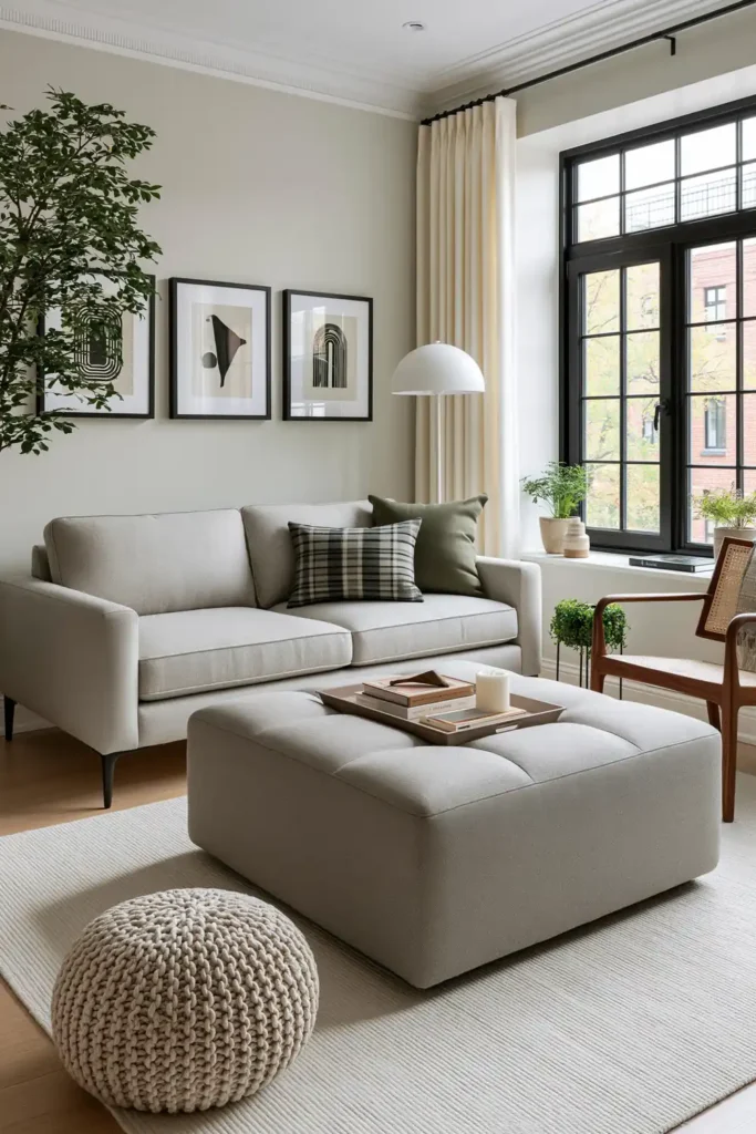 20 Comfortable Living Room Ideas for Small Spaces That Feel Warm and Open 4 Small living room with a gray sofa and large upholstered storage ottoman used as a practical coffee table.