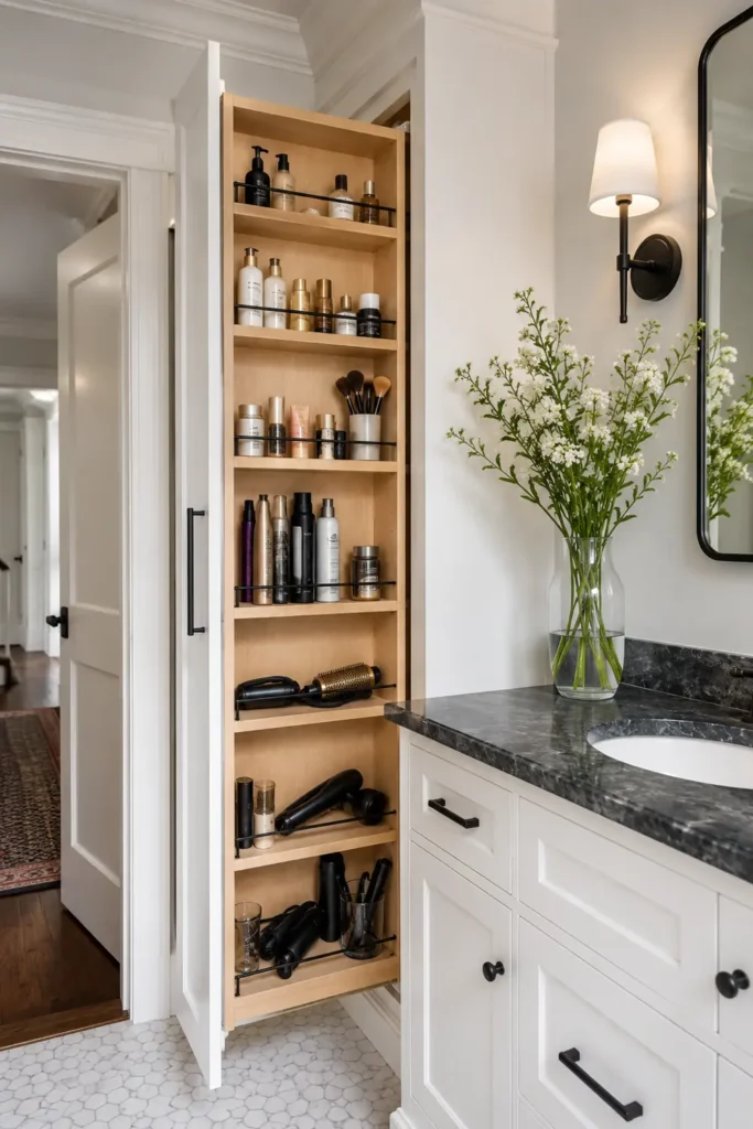 18 Small Bathroom Storage Ideas for a More Organized Space 5 Narrow pullout bathroom cabinet with wood shelves holding bottles, brushes, and hair-styling tools.