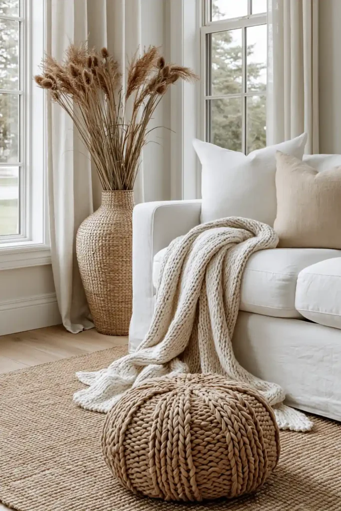 18 Neutral Fall Decor Ideas for a Warm and Cozy Home 13 Neutral living room with a large brown jute rug, white sofa, beige knitted throw, dark pouf, and dried grasses.