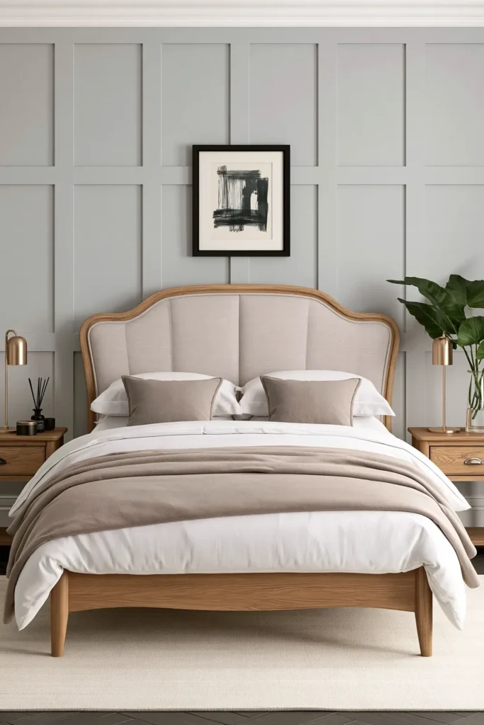 Cozy Bedroom Ideas for Winter: 4 Warm and Inviting Ways to Style Your Space 2 Calm winter bedroom with a pale taupe upholstered bed, layered white and beige bedding, matching wooden tables, and soft neutral decor.