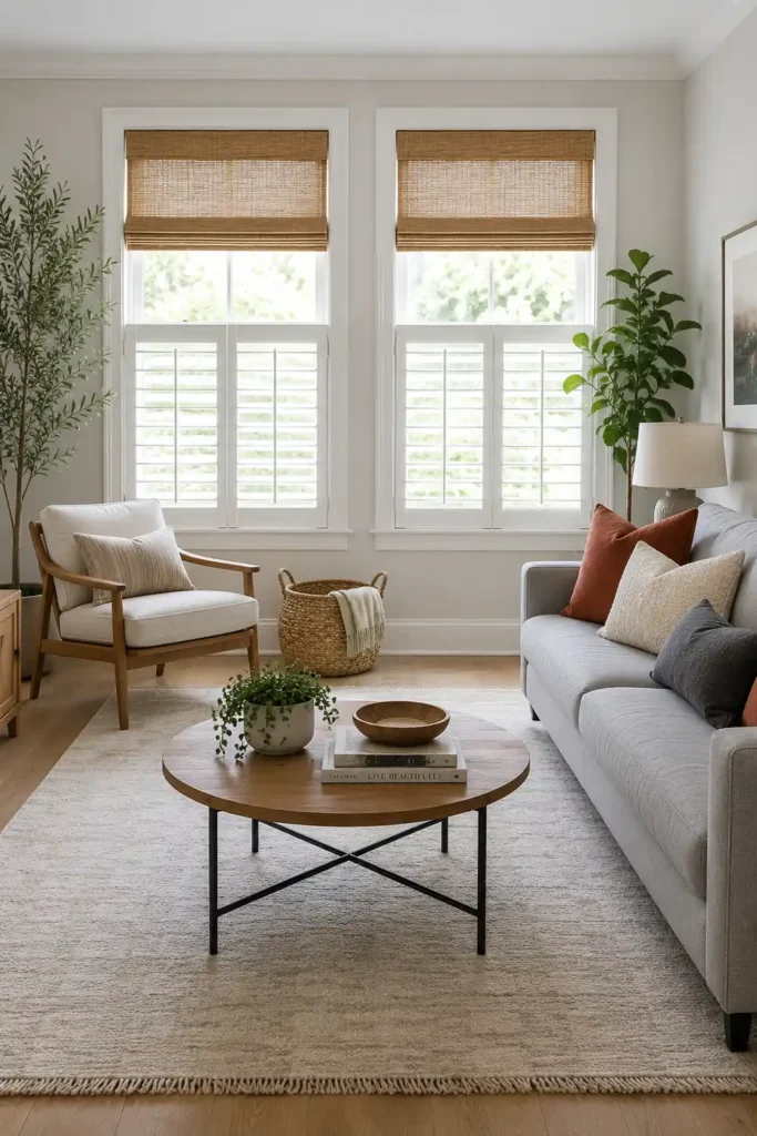 20 Comfortable Living Room Ideas for Small Spaces That Feel Warm and Open 21 Bright small living room with tall windows, plantation shutters, woven Roman shades, a gray sofa, plants, and natural light.