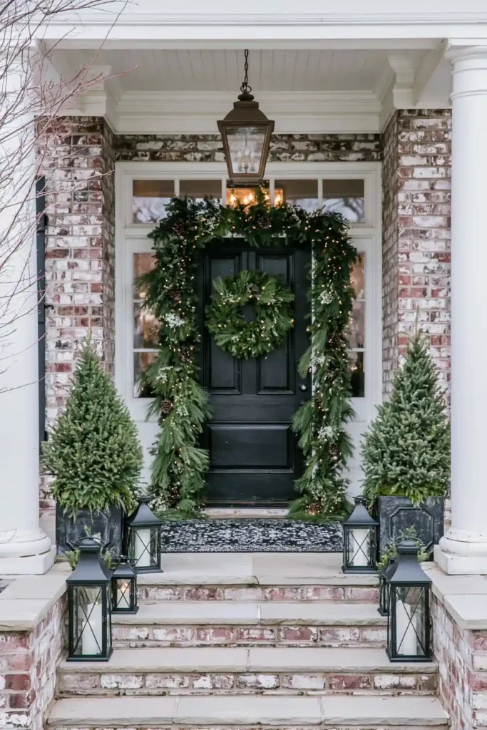 DIY Natural Winter Holiday Decorations for a Warm and Simple Home 6 Covered winter porch with pine garland, wreath, black lanterns, evergreen planters, and brick walls