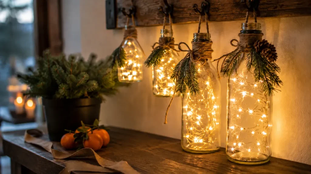 DIY Natural Winter Holiday Decorations for a Warm and Simple Home 7 Glass bottles with warm string lights, greenery, oranges, ribbon, and rustic natural winter decor