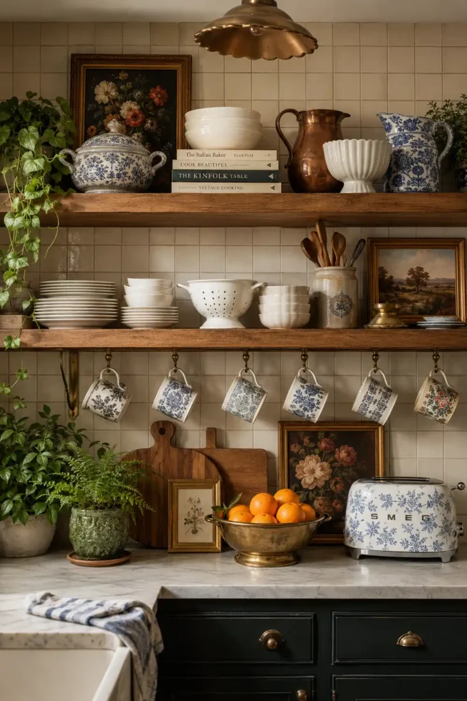 14 Open Kitchen Shelving Ideas for Practical, Stylish Storage 11 Natural wood kitchen shelves with hanging patterned mugs, white dishes, framed art, oranges, and trailing greenery.
