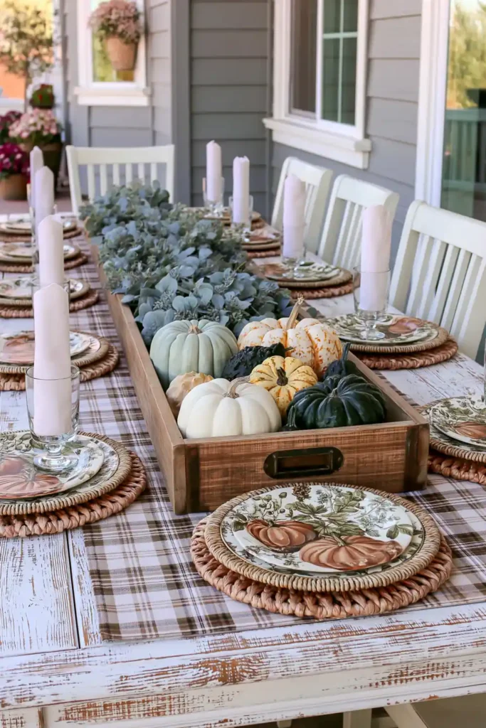31 Fall Table Decor Ideas for Entertaining in a Warm, Seasonal Style 9 Outdoor fall table with pale pumpkins, eucalyptus, woven chargers, botanical plates, white napkins, and a plaid runner.