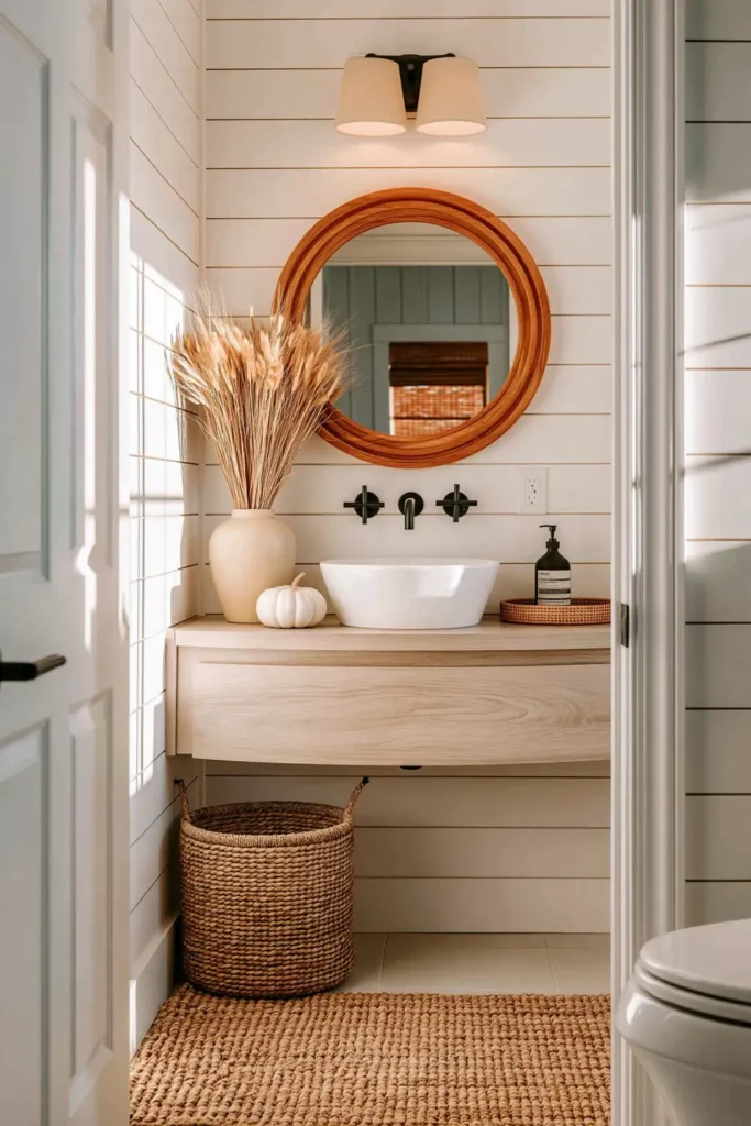 18 Cozy Fall Bathroom Decor Ideas for a Warm Seasonal Refresh 14 Neutral fall bathroom with a floating wood vanity, woven basket, dried wheat, white pumpkin, jute rug, and black fixtures.