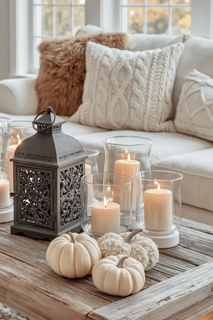 18 Neutral Fall Decor Ideas for a Warm and Cozy Home 6 Dark metal lantern and glowing cream candles beside miniature pumpkins in a cozy neutral fall living room.