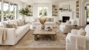 Bright neutral fall living room with white seating, layered natural-fiber rugs, a rustic wood coffee table, and dried grasses.