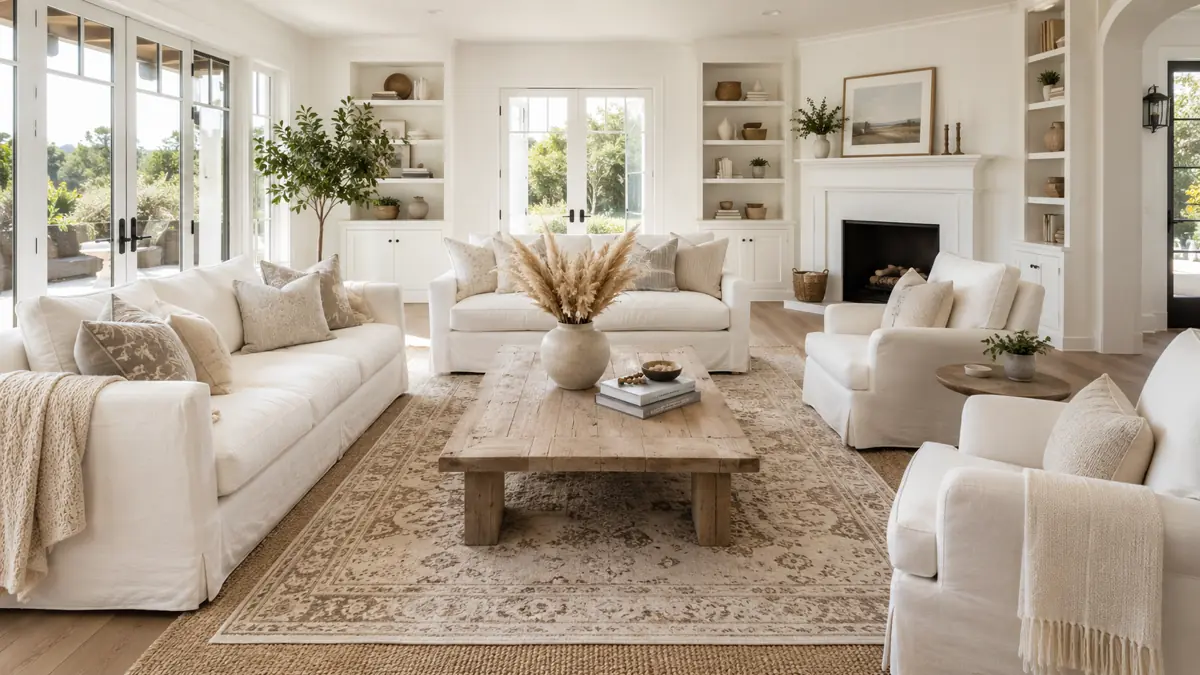 18 Neutral Fall Decor Ideas for a Warm and Cozy Home 1 Bright neutral fall living room with white seating, layered natural-fiber rugs, a rustic wood coffee table, and dried grasses.