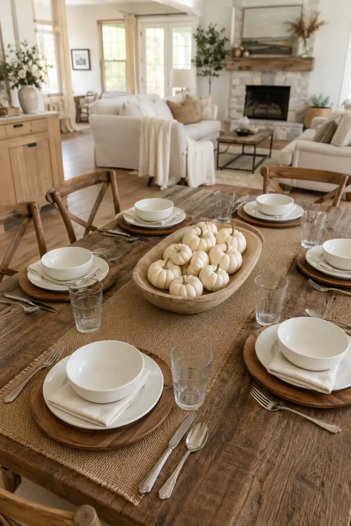 18 Neutral Fall Decor Ideas for a Warm and Cozy Home 9 Neutral fall dining table with a burlap runner, wooden chargers, white dishes, cream napkins, and small white pumpkins.