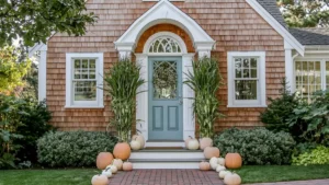 Neutral Halloween front porch decor with pale pumpkins, corn stalks, a wreath, and a pale blue front door.
