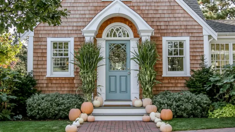 Neutral Halloween front porch decor with pale pumpkins, corn stalks, a wreath, and a pale blue front door.