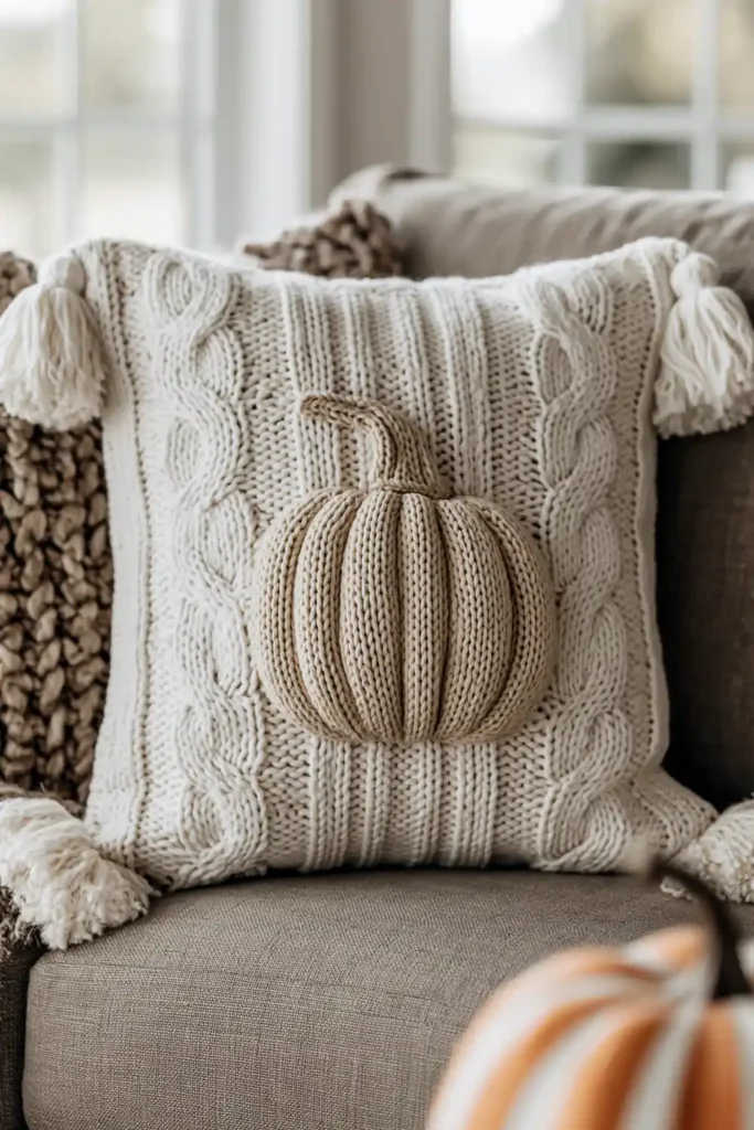 18 Neutral Fall Decor Ideas for a Warm and Cozy Home 2 Cream cable-knit pillow with a raised beige pumpkin and tassels on a taupe sofa beside a chunky brown cushion.