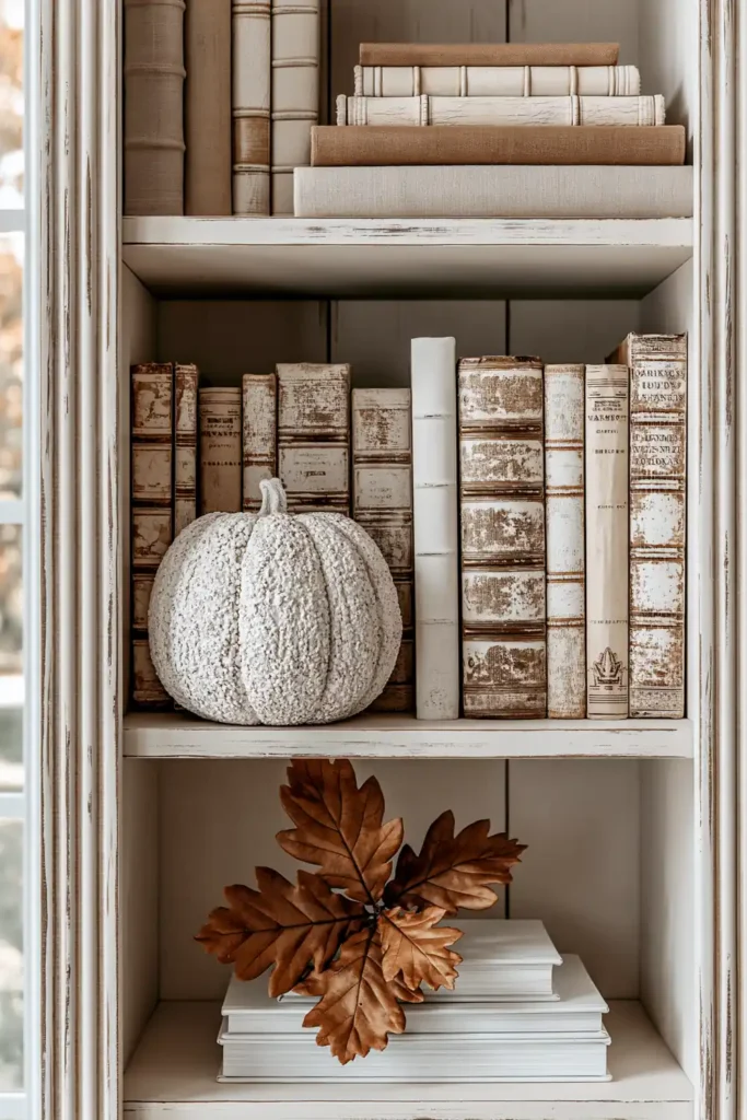 18 Neutral Fall Decor Ideas for a Warm and Cozy Home 3 Textured white pumpkin displayed with faded beige books on an off-white bookcase for neutral fall shelf decor.