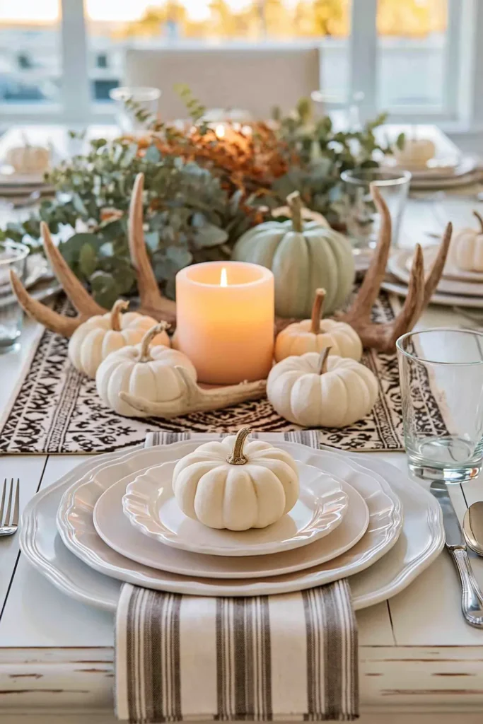 31 Fall Table Decor Ideas for Entertaining in a Warm, Seasonal Style 8 Neutral fall tablescape with a patterned runner, white pumpkins, eucalyptus, faux antlers, and an ivory pillar candle.