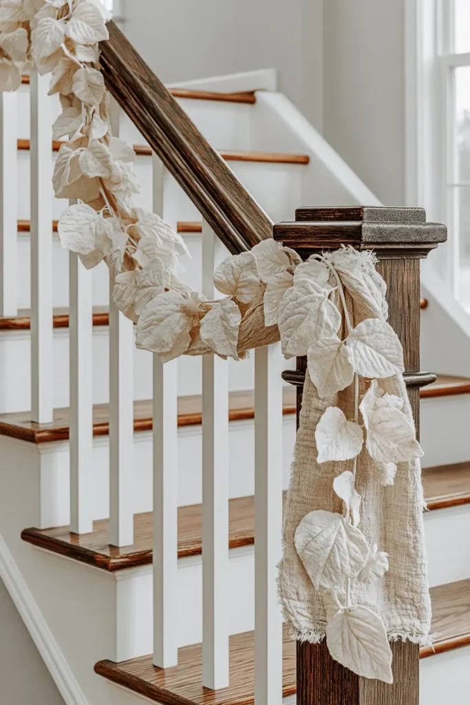 18 Neutral Fall Decor Ideas for a Warm and Cozy Home 14 White leaf garland draped over a dark wooden stair rail with white balusters and warm wood steps.