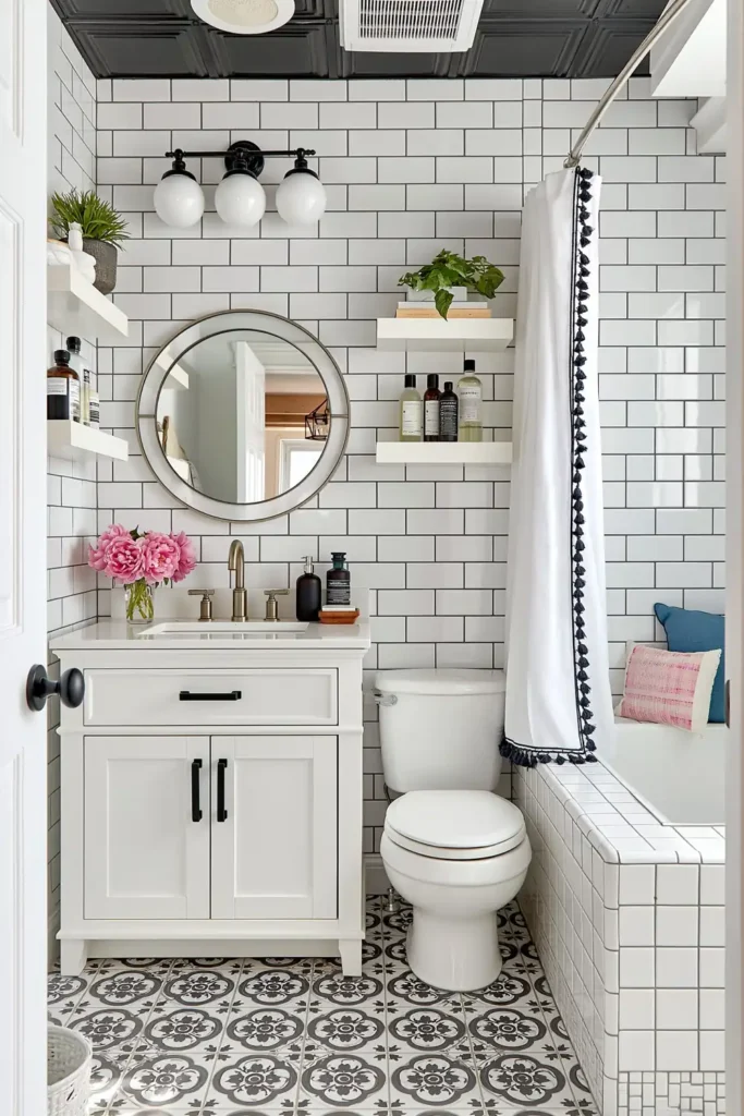 18 Small Bathroom Storage Ideas for a More Organized Space 4 Open white bathroom shelves with bottles and a plant above a compact toilet and vanity area.
