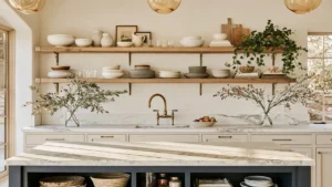 Bright kitchen with natural wood open shelves, brass brackets, white ceramics, greenery, and an island with open storage.