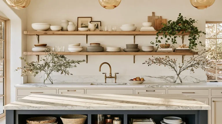 14 Open Kitchen Shelving Ideas for Practical, Stylish Storage 25 Bright kitchen with natural wood open shelves, brass brackets, white ceramics, greenery, and an island with open storage.