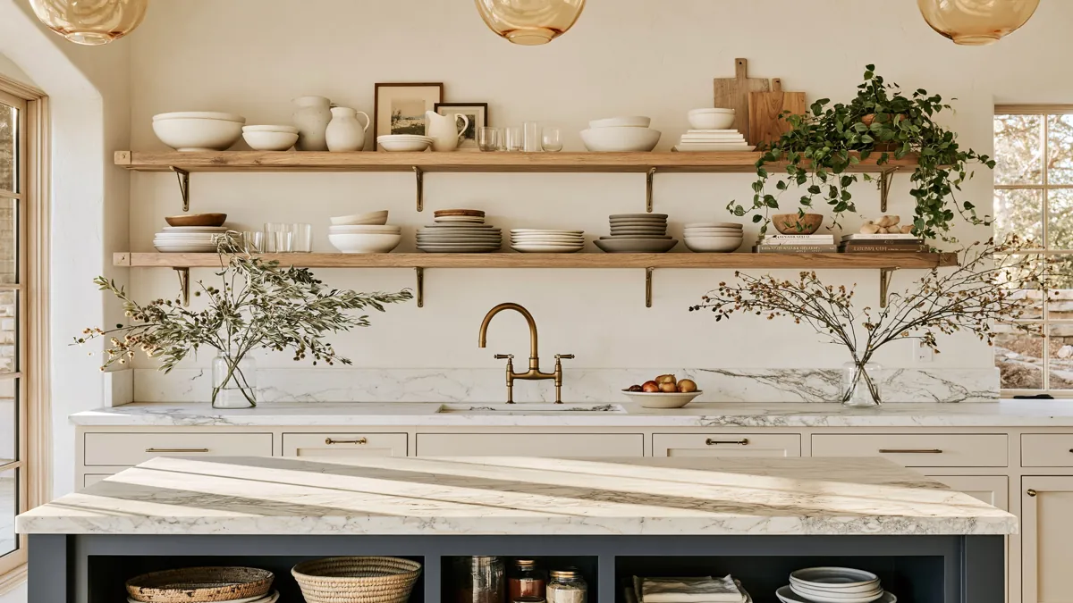 14 Open Kitchen Shelving Ideas for Practical, Stylish Storage 1 Bright kitchen with natural wood open shelves, brass brackets, white ceramics, greenery, and an island with open storage.